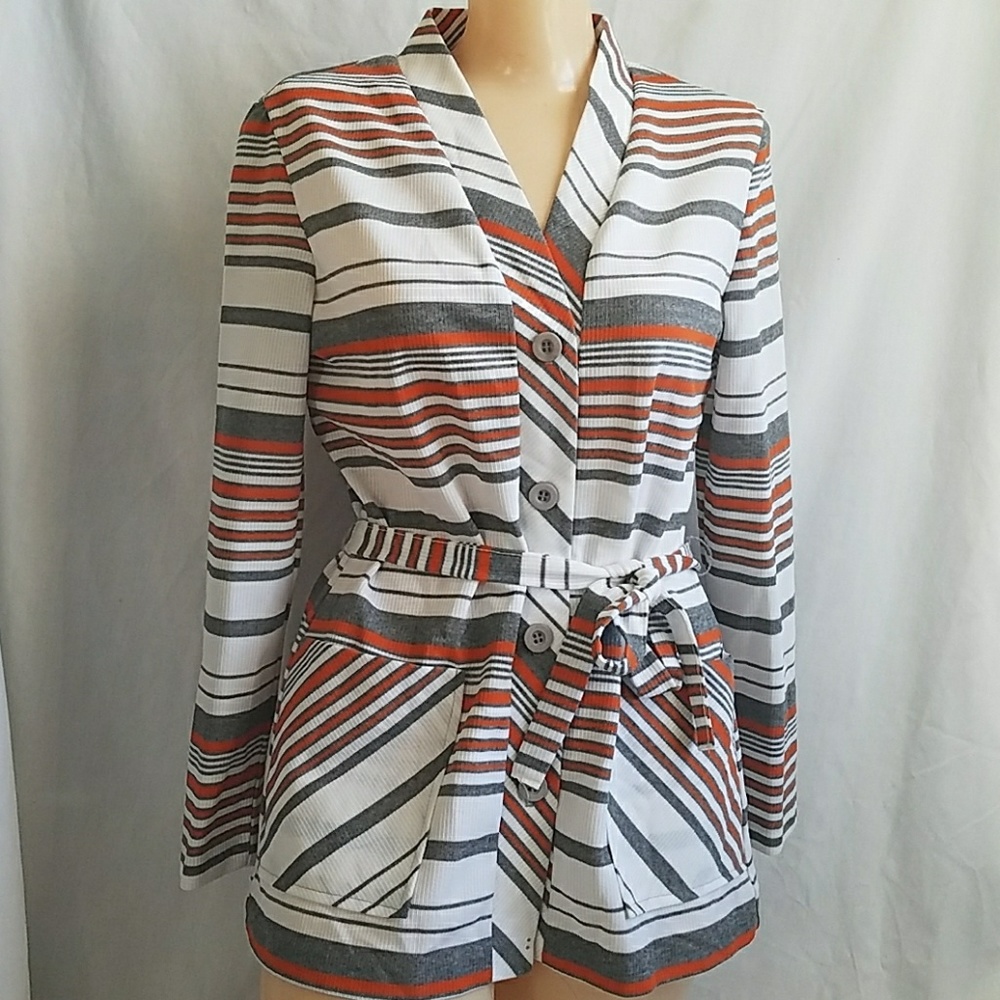 Vintage Striped Cardigan Sweater Tie Waist S M